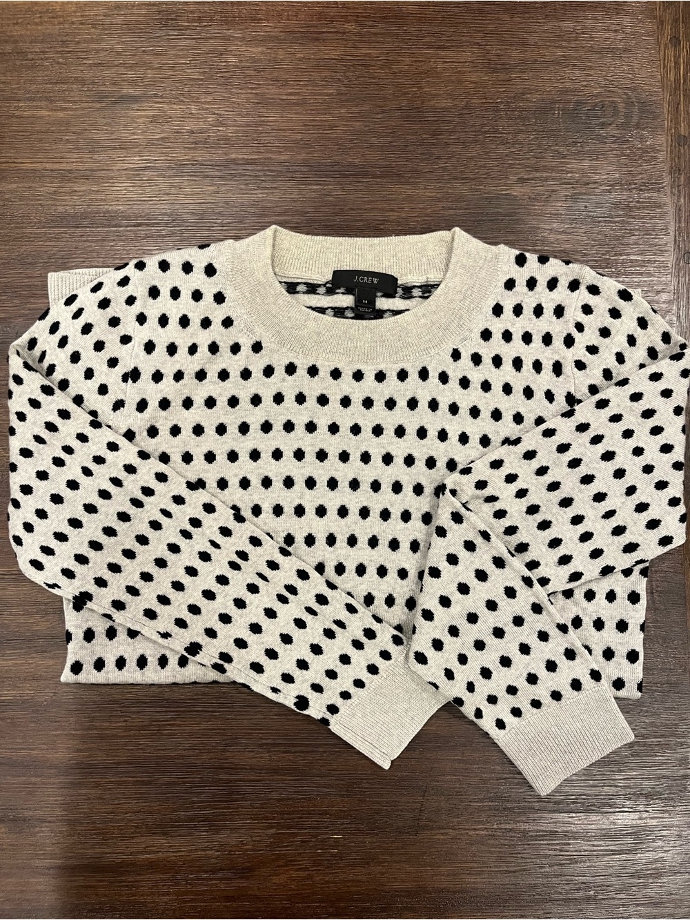 J. Crew Grey Crewneck Sweater with Black Polka Dots | 100% Merino Wool | Size M
